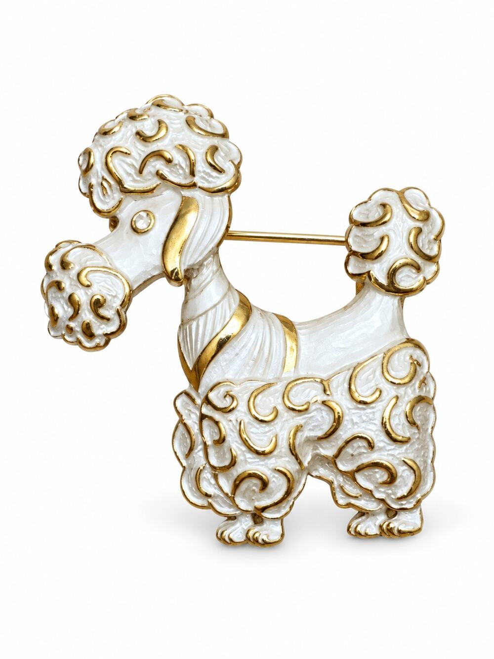 Vintage Parklane White Enamel Gold Tone Poodle Brooch Pin 1970s 1980s